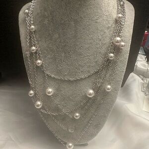Touchstone Crystal By Swarovski Silver and White Floating Pearl Necklace